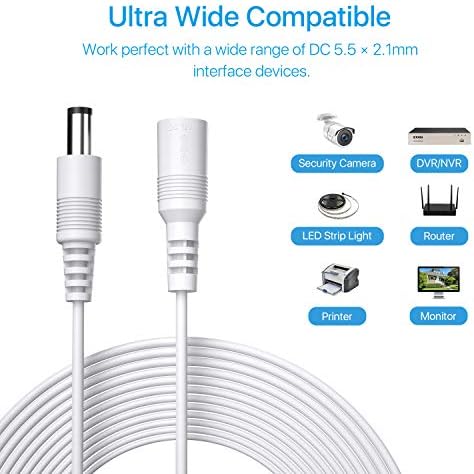 Cabo de extensão de potência CC de 2pack CC 33ft 2,1 mm x 5,5 mm 12V DC Adaptador de energia do plugue para câmera de segurança, câmera