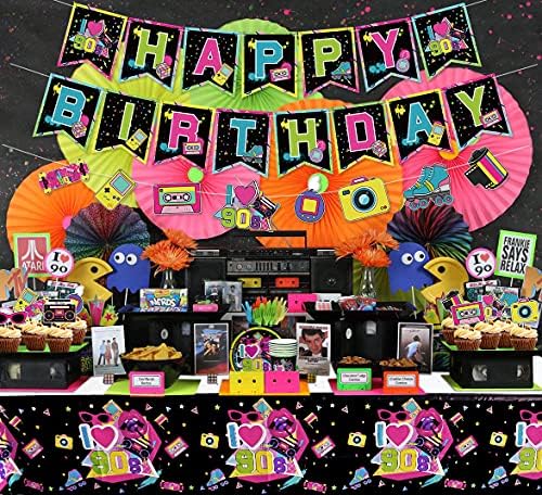 Suprimentos de festa dos anos 90 - de volta às decorações de festas dos anos 90, incluindo banner de feliz aniversário, pratos,