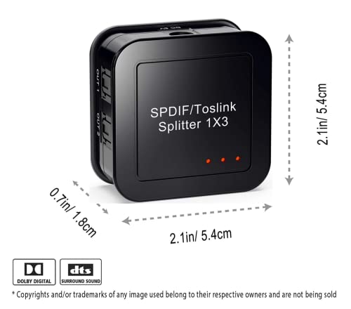 SPDIF/TOSLINK Digital Optical Audio Splitter 1x3, Splitter Optical Audio 1x3, Suporte Dolby Digital & DTS 5.1 para