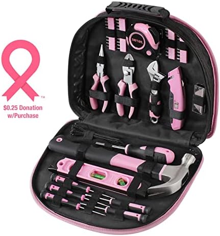 Kit de ferramentas rosa de 112 peças do WorkPro - Ladies Hand Tool Set com uma bolsa redonda de transporte fácil - Durável