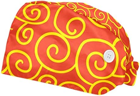 2 peças que trabalham bonés com botão amarra para trás chapéus bouffant tampa de cabelo respirável, nuvens chinesas laranja