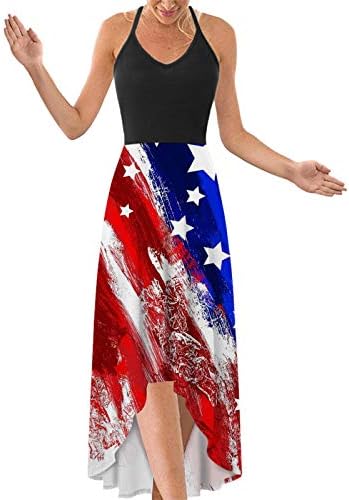 4 de julho Maxi Vestidos para mulheres de verão Casual Boho Dress USA Flag Scoop pescoço Cami sem mangas de vestidos patrióticos