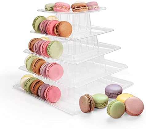5 camadas quadradas macaron torre, plástico transparente bolo suporte de macaroon exibição rack de sobremesas de cupcake