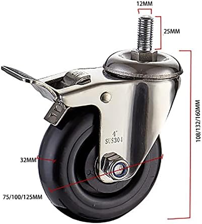 Qissa m12x25mm Casters de haste rosqueados, rodízio giratório de 3 polegadas com freio, lançador de punho pesado, com design de rolamentos de esferas, conjunto de 4
