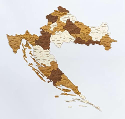 Mapas de madeira 2D da Croácia - Multiladas e manchadas de madeira multicolorida, nomes gravados - decoração de parede para o seu