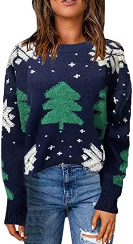 Camisolas felizes de Natal para mulheres pescoço redondo curto padrão de natal de Natal diário suéter de pulôver casual
