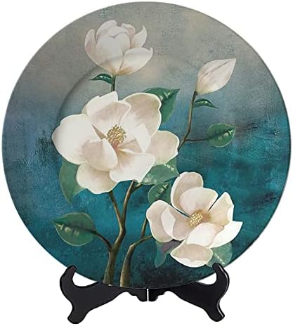 Placa decorativa de prato decorativo de flores brancas Kalen personalizada para decoração de casa placas de porcelana com suporte