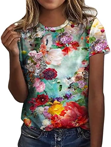 Camisetas para mulheres, estampa floral com manga curta no pescoço de pescoço casual tshirts feminino gráfico