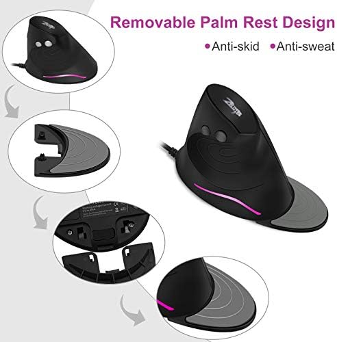 Mouse óptico ergonômico vertical Trelc com 6 botões programáveis, 800-3200 dpi, descanso de palma removíveis e botões de polegar,