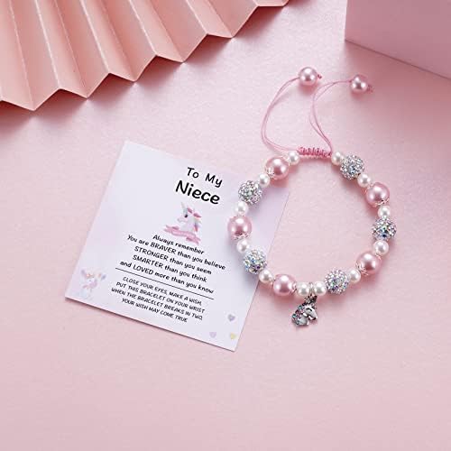 Mixjoy Unicorn Pearl and Rhinestone Balls Bracelet Rosa e Card W/Gift Box for Little Girls, Unicorn Lovers Birthday Páscoa Presentes