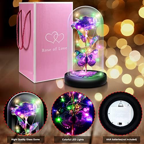 Presentes de Sixvala para Mulheres, Galaxy Butterfly Rose em Dome Glass, Light Up Up Forever Purple Rose Birthday Presente