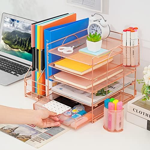 Marbrasse Rose Gold Desk Organizer com porta-arquivos, organizador de bandeja de letra de papel de 5 camadas com gaveta e 2 portador