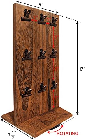 Ikee Design Rotativo de madeira giratória por suportes de fotos com clipes, organizador com 18 clipes para loja, giro de clipes de madeira, cor marrom, 9 W x 7,5 d x 17 h