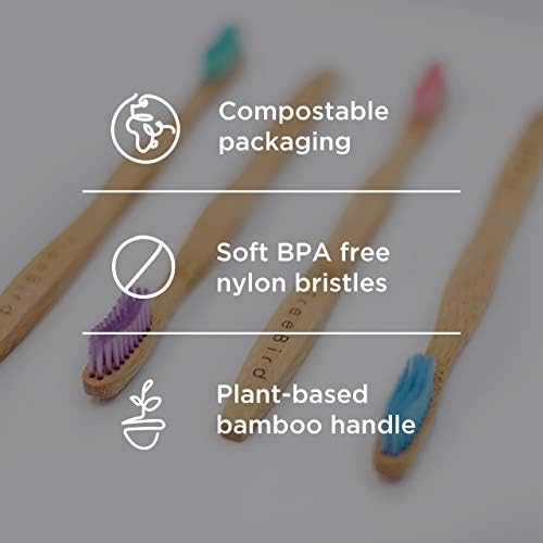 Bambu escova de dentes 4-embalagem e fio dental de seda compostável com suporte de vidro recarregável | Conjunto de cuidados biodegradáveis