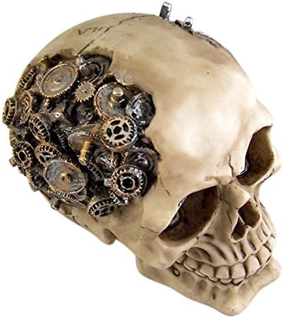 Steampunk cyborg engrenagem saliente trabalho de caveira humana estátua clockwork design de engrenagem de esqueleto de crânio