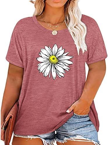 Camisas de camisetas de verão para mulheres, 2023 Blusa de manga curta Daisy Impressão floral Impressão básica de verão camisetas