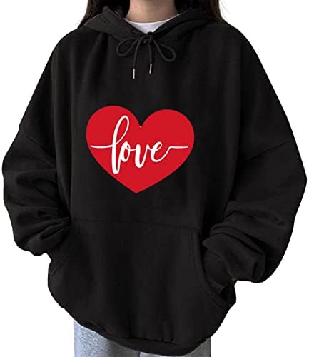 Love Heart Graphic Sweatshirt de grandes dimensões para feminino mapô dos namorados com capuz de tração de traje de