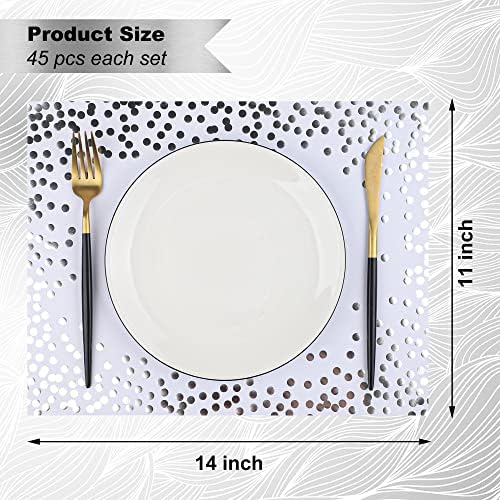 45 peças Placemats de papel de papel alumínio prateado Placemats Branco e prateado Coloque tapetes de papel decorativo descartáveis ​​tapetes retângulo de festas de festa para casamentos de aniversário