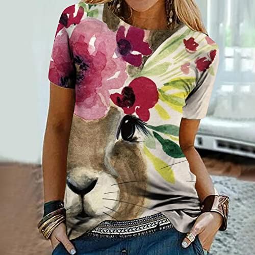 Camiseta de páscoa para mulheres engraçadas coelho floral camisetas estampadas no pescoço redondo blusas de manga curta 2023