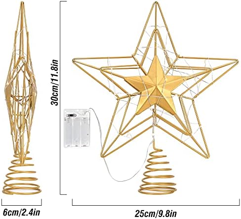 Luxspire Christmas Tree Topper, 11,8 polegadas de metal dourado na árvore de Natal com luzes LED para ornamentos de árvore de Natal, decoração de casa de férias sazonais de festa de Natal - ouro - ouro