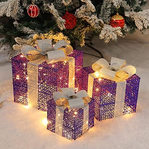 Conjunto de 3 caixas de presente iluminadas de Natal, Caixas de presente iluminadas de Natal para decorações de Natal Três tamanho diferente da caixa de presente com luzes LED quentes de Natal interno