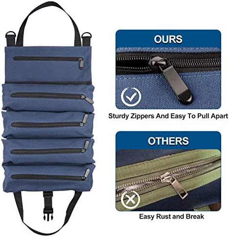 Super Tool Roll Up Bag/Bolsa, Bolsa Durável de Rolagem de Chave de Canvas com 5 bolsos com zíper, organizador do banco traseiro/azul