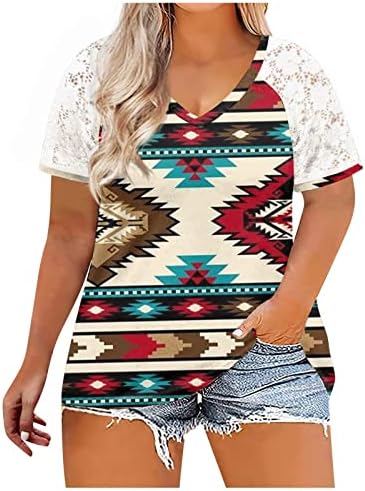 Camisa asteca de tamanho plus size para mulheres Tribal Tribal Vintage Manga de renda esbelta Tops de verão V Camisetas de