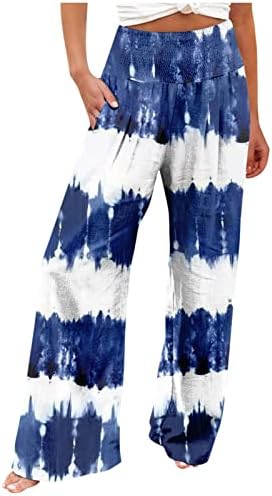 Calças para mulheres, calças de praia floral de faixa de perna elegante de perna larga larga com bolsos