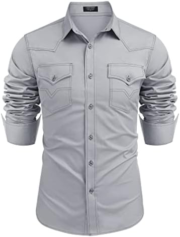 Coofandy Men's Western Cowboy camisas de manga comprida botão casual para baixo camisa de trabalho com bolsos