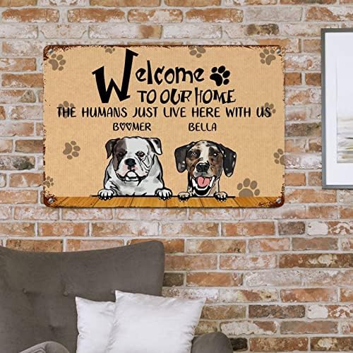 Alioyoit engraçado Metal Dog Sign Placa Cães personalizados Nome de cães bem -vindo à nossa casa Os humanos aqui conos