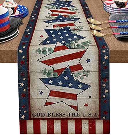 MEMORIAL DAY TABLE RUNNER 90 polegadas de comprimento, estrela patriótica vintage Eucalipto deixa a decoração de mesa de mesa de