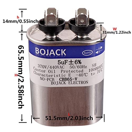 BoJack 5 UF ± 6% 5 MFD 370V/440V CBB65 Oval Run Capacitor de partida para execução de motor CA ou partida do ventilador