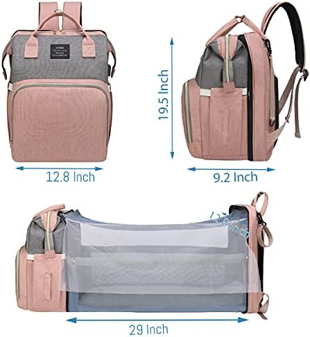 Mochila de bolsa de fraldas de Salifa com estação de mudança, bolsas de fraldas dobráveis ​​para bebês porto de carregamento USB à prova d'água de grande capacidade, bolsa de múmia para menino, rosa