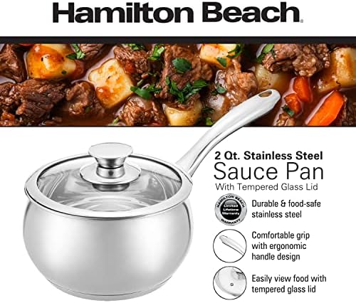 Molho de praia Hamilton Pan de aço inoxidável 2 litro com tampa de vidro, alça ergonômica, molho multiuso com tampa, panela pequena para cozinhar