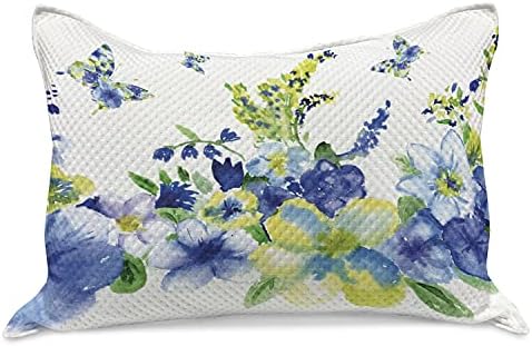 Ambesonne Yellow e azul de malha de colcha de travesseira, mola flor de flor que florescem o design vibrante de flores