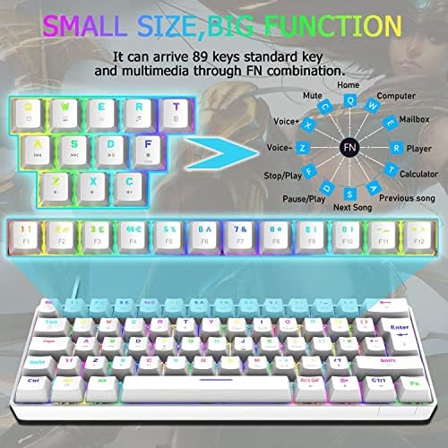 Teclado de jogo RGB de 60% com fio, 62 teclas compactas teclado mecânico New DeGsin Keycaps, destacável USB Type-C, Blue Switch