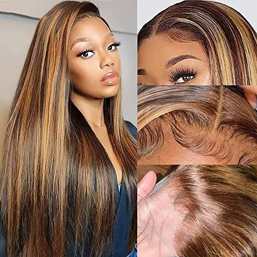 4/27 Destaque Wigs Front Wigs Humanos 13x4 HD Lace Helas Humanos retos perucas para mulheres negras ombre marrom mel loira 180% de densidade