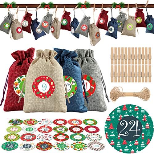 Jojofuny 24 PCs Countdown de contagem regressiva sacos de calendário- 24 dias pendurando sacos de balsa com bolsas