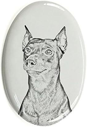 Pinscher alemão, lápide oval de azulejo de cerâmica com uma imagem de um cachorro
