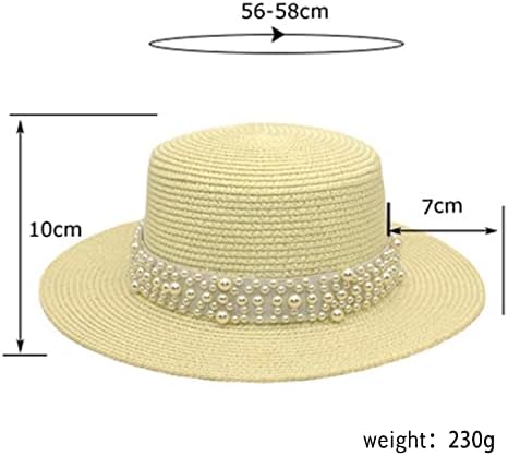 Chapéu de caçamba de palha de verão para mulheres com pérola falsa decorada larga largura de férias de cúpula à prova