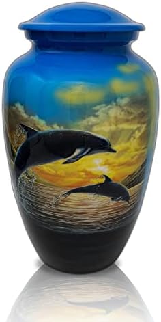 Urna de artesanato preciosa urna urna, urna de golfinhos para cinzas humanas adultos, urna funerária grande tamanho- azul e preto