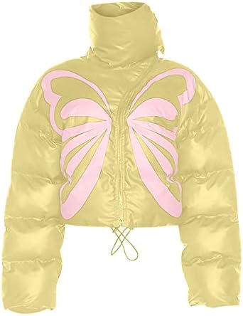 Jaqueta de Puffer Cropped para mulheres, Y2K Butterfly Print Casual Quilted Short Down Jacket Coust de roupas de rua adolescentes