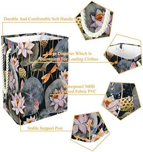 Lavandry cesto pintado à mão Lotus Rosa padrão dobrável cesta de armazenamento de lavanderia com alças suportes destacáveis ​​bem segurando