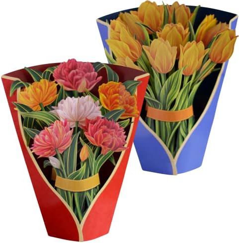 Cartões pop -up de papel fresco, tulipas Murillo + Tulipas Amarelas Conjunto de dois Buquês de Flor Pop -Up do tamanho