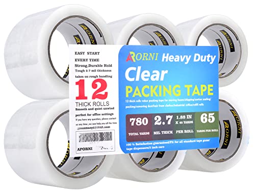 Aporni Clear Packing Tape Fita pesada Roldes de reabastecimento vedado Seleting Great para embalagem de compras e suprimentos de movimentação embalagem 12 rolos 1,88 x 65 jardas 3 núcleo 2,7 mil adesivo de espessura