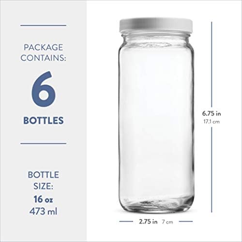 Viagem de vidro Drinking Bottle 16 onça [6 pacote] Tampas aéreas de plástico, garrafa de água de vidro reutilizável para