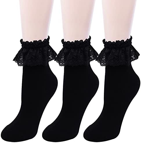 Meias adoráveis ​​no tornozelo para mulheres, meias de algodão com tração de renda fofas, vestido com babados femininos Princesa Socks 3 Pares