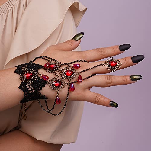 KercisBeauty Ruby Red Gemtones Tassel Pingente Pingente com anel de dedo Black Lace Arnês para Mulheres Meninas Vampire