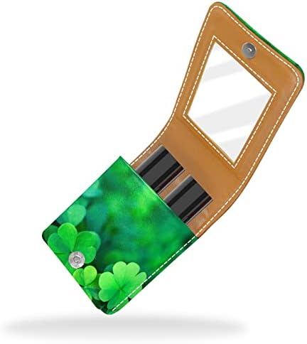 Mini estojo de batom com espelho para bolsa, verde quatro folhas de trevo de folhas organização de caixa portátil