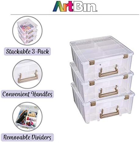 Artbin 6990zz Super Satchel Double Deep 3-Pack, Organizadores portáteis de arte e artesanato com alças, [3] caixas de armazenamento de plástico, limpo com detalhes em ouro rosa